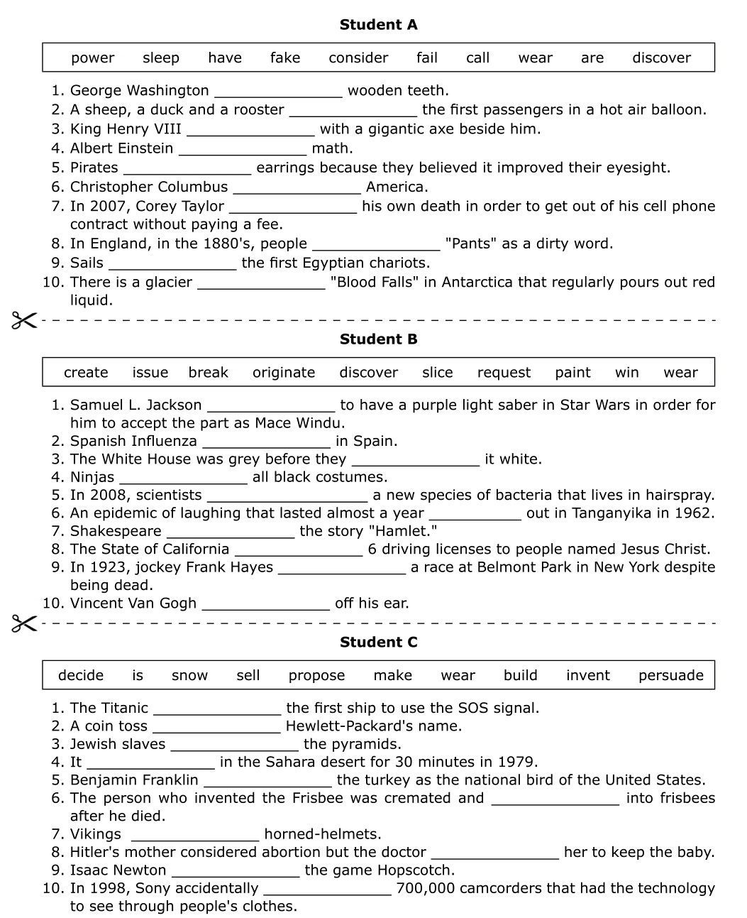 چند فعالیت و بازی برای تمرین زمان گذشته ساده در کلاس 10 کاربرگ زمان گذشته ساده